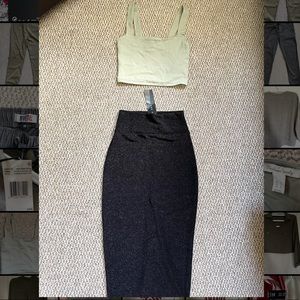 Outfit with Green Crop Top and Black Sparkling Pencil Skirt